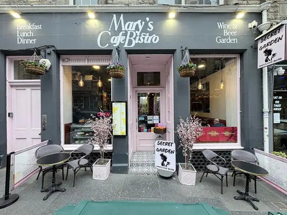 The front of Mary’s with hanging baskets
